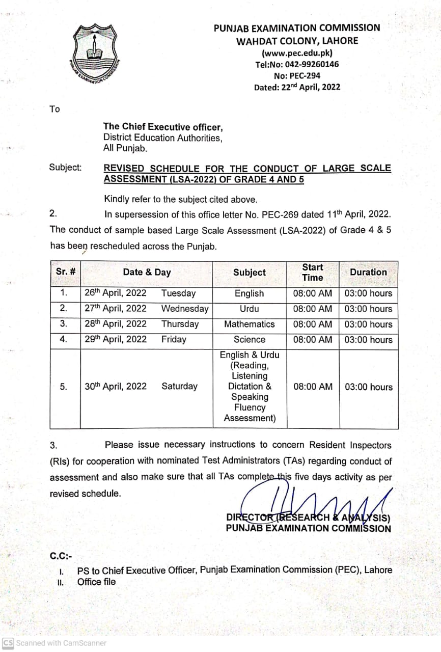 Revised Schedule for LSA-2022 Exams