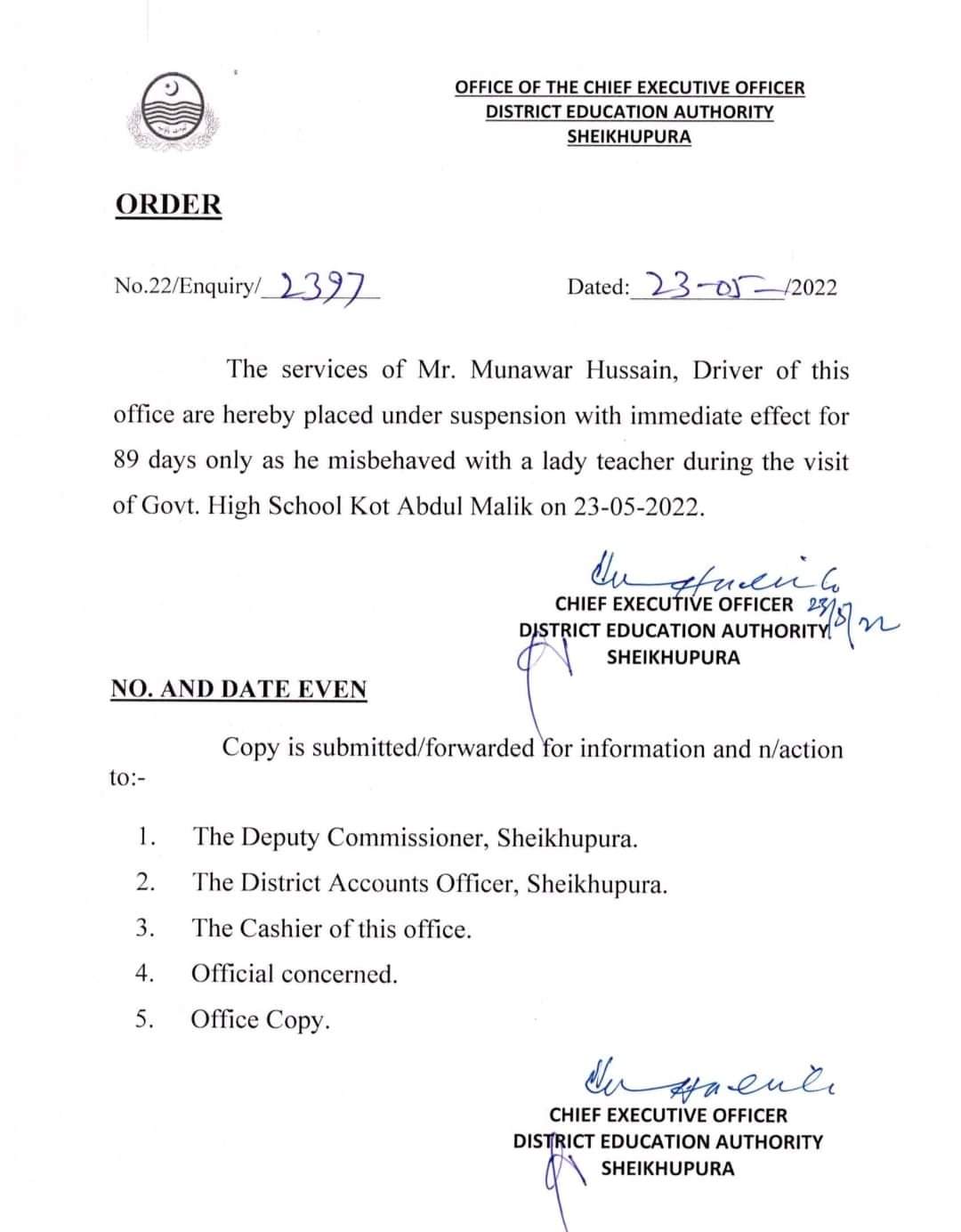 Suspension orders of Mr. Munawar Hussain Driver CEO DEA SheikhuPura