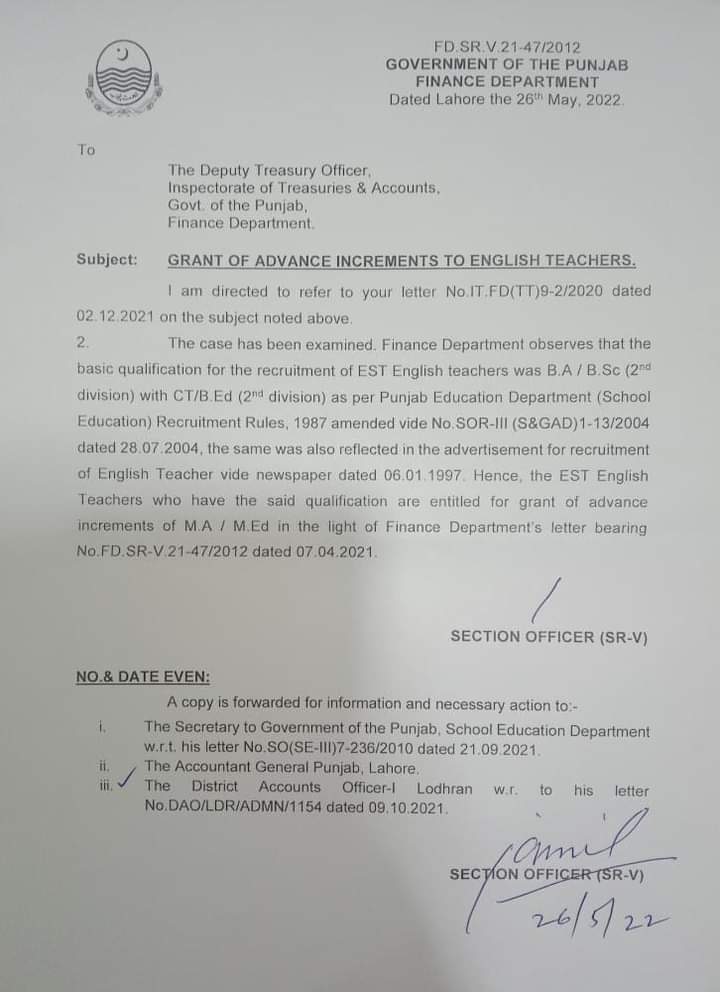 Grant of Advance Increments to English Teachers by Finance Department