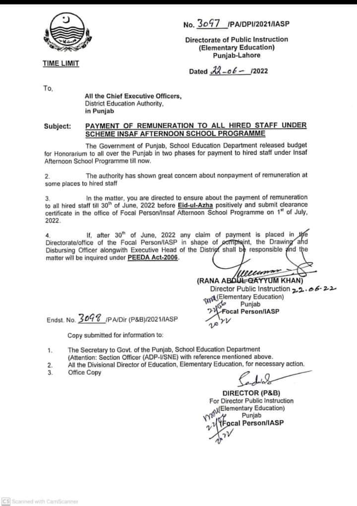 Payment of Remuneration to all Staff in After Noon Schools