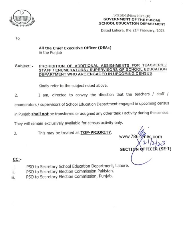 Prohibition of Additional assignments for Teachers engaged in Census