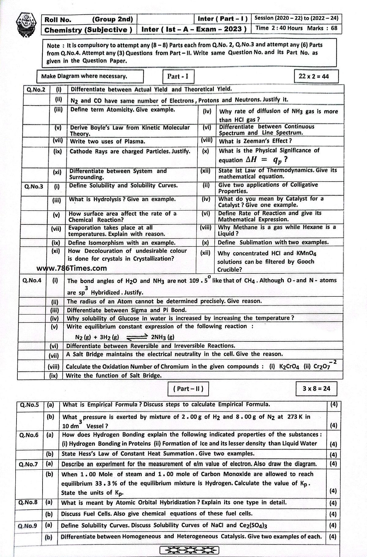 11th Class Chemistry Paper 2023 G2 Bahawalpur Board Download