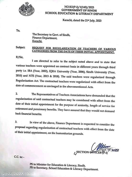 Request for regularization of Teachers from Initial Appointment