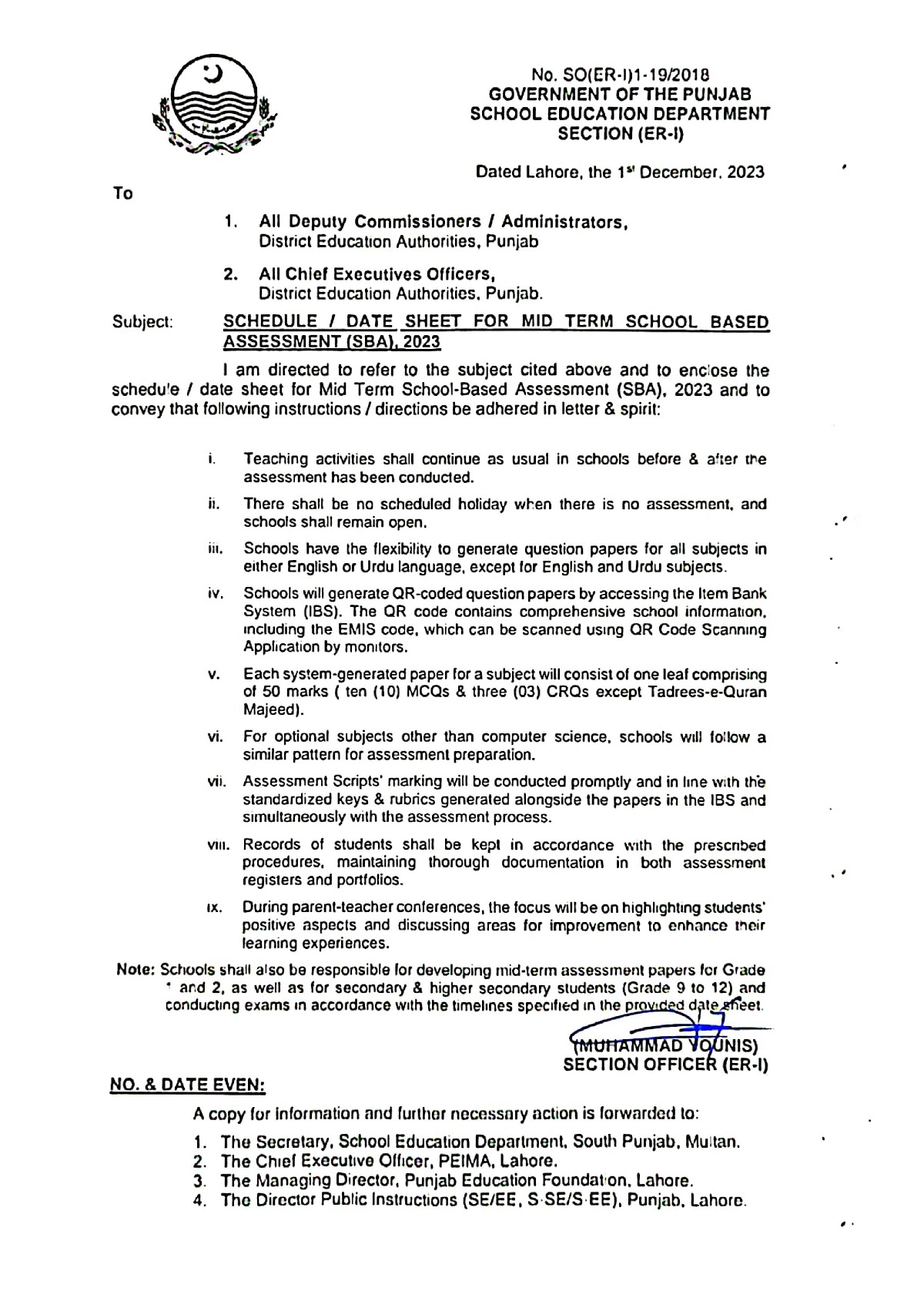 Instructions for School Base Assessment 2023 for Schools in Punjab